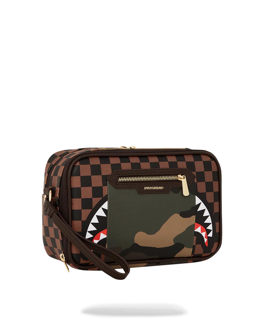 Sprayground Best Seller | EXTERIOR GOLD ZIP POCKET SHARKS IN PARIS TOILETRY BRICKSIDE BAG