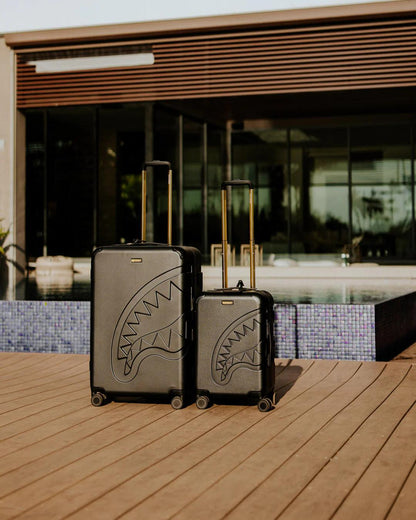 Sprayground Signature | REALITY CHECK SHARKITECTURE CARRY-ON JETBLACK LUGGAGE (GOLD HARDWARE)
