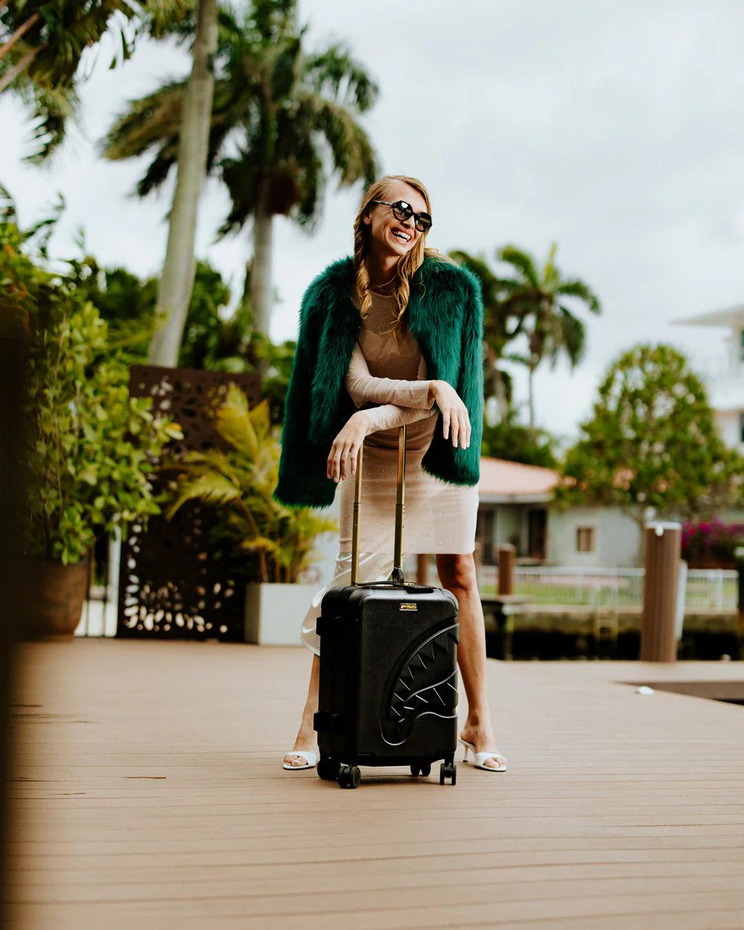 Sprayground Signature | REALITY CHECK SHARKITECTURE CARRY-ON JETBLACK LUGGAGE (GOLD HARDWARE)