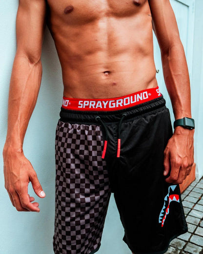 Sprayground Exclusive | GREY CHECKERED SPLIT CORTO SWIM TRUNKS
