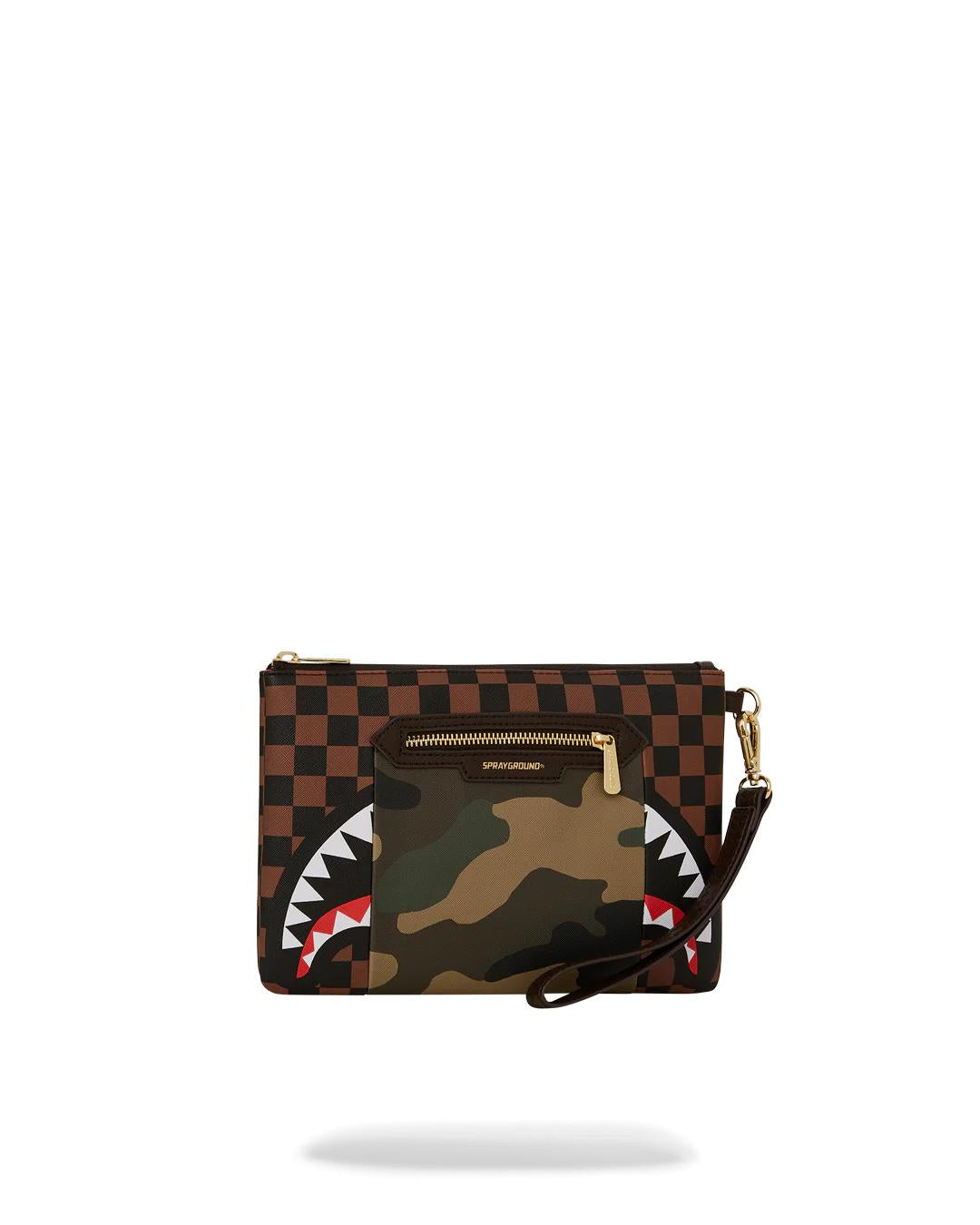 Sprayground Trending | EXTERIOR GOLD ZIP POCKET SHARKS IN PARIS CROSSOVER CLUTCH