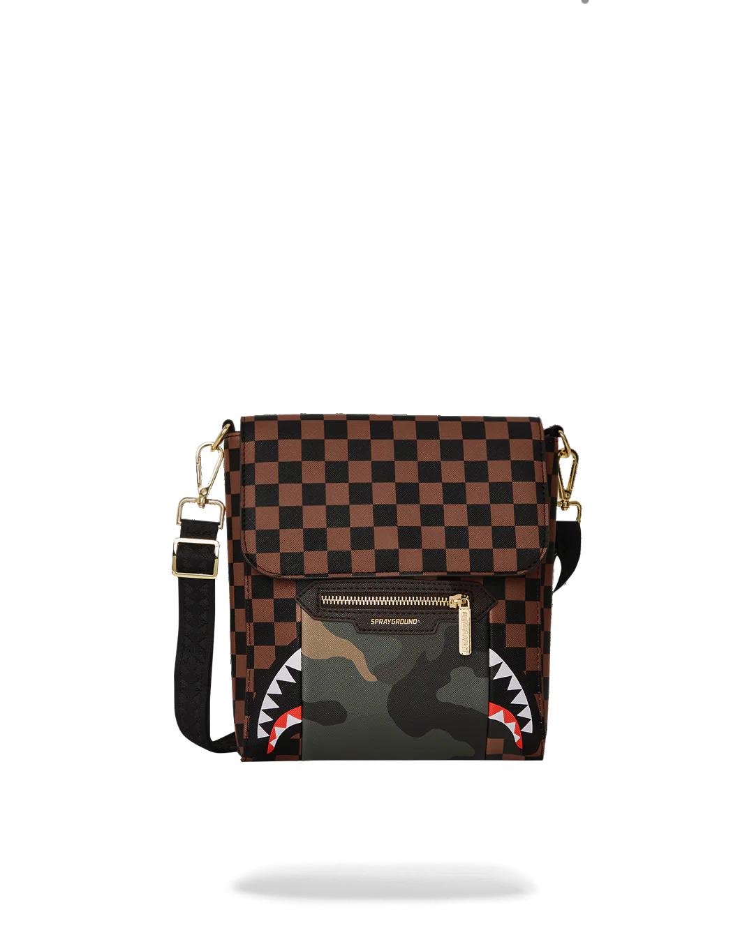 Sprayground Classic | EXTERIOR GOLD ZIP POCKET SHARKS IN PARIS MESSENGER SLING BAG