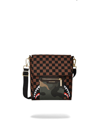 Sprayground Classic | EXTERIOR GOLD ZIP POCKET SHARKS IN PARIS MESSENGER SLING BAG