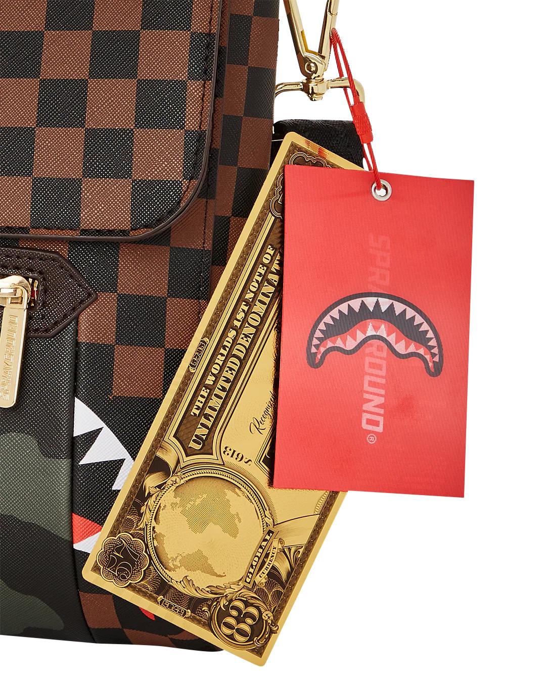 Sprayground Classic | EXTERIOR GOLD ZIP POCKET SHARKS IN PARIS MESSENGER SLING BAG