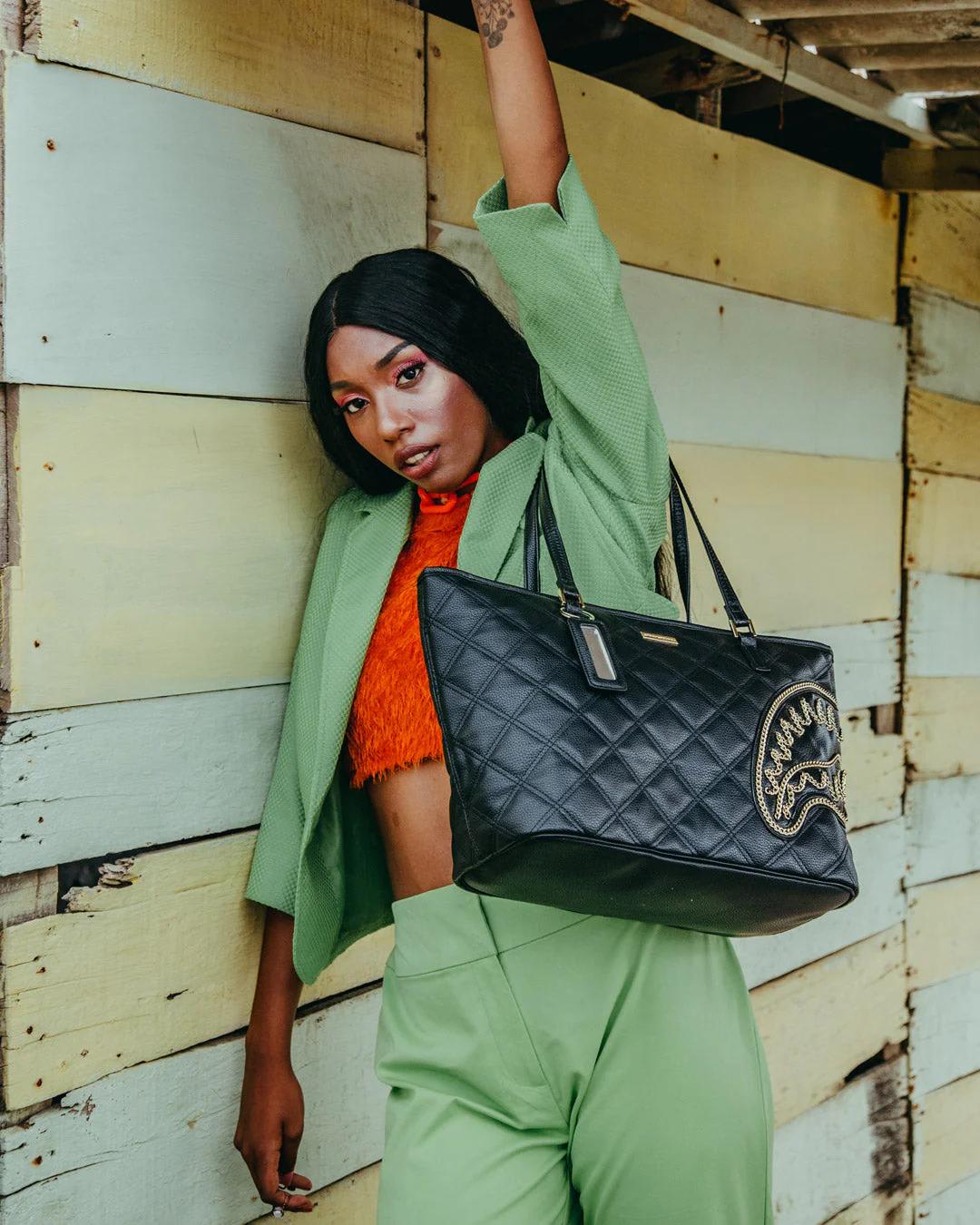 Sprayground Premium | NOIR QUILT GOLD CHAIN SHARK TOTE