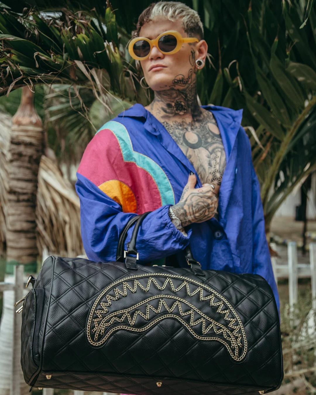 Sprayground Featured | NOIR QUILT GOLD CHAIN SHARK DUFFLE