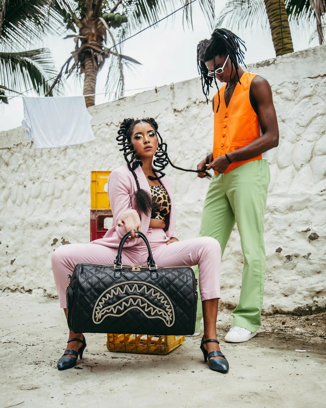 Sprayground Featured | NOIR QUILT GOLD CHAIN SHARK DUFFLE